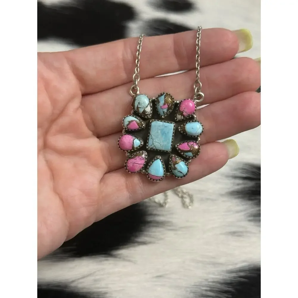 Native Southwest Sterling Silver Cotton Candy Turquoise Cluster Pendant Necklace